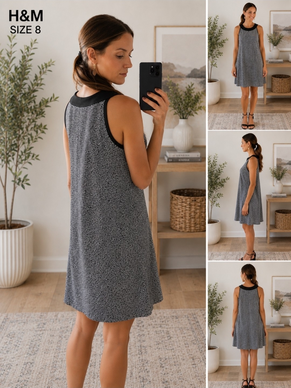 H&M Size 8 Sleeveless Shift Dress | Black & White Print